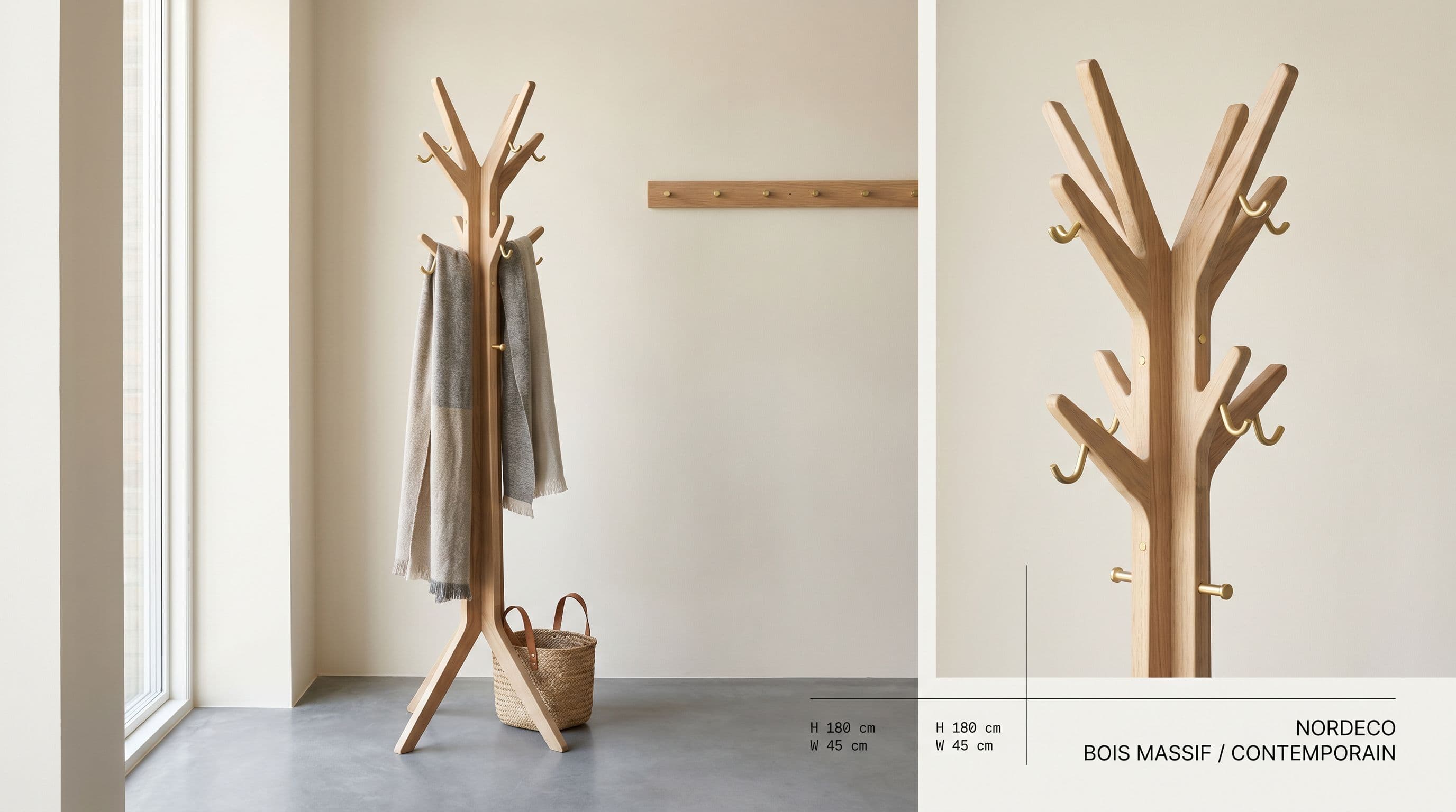 Porte-manteau bois véritable — scène d'entrée moderne