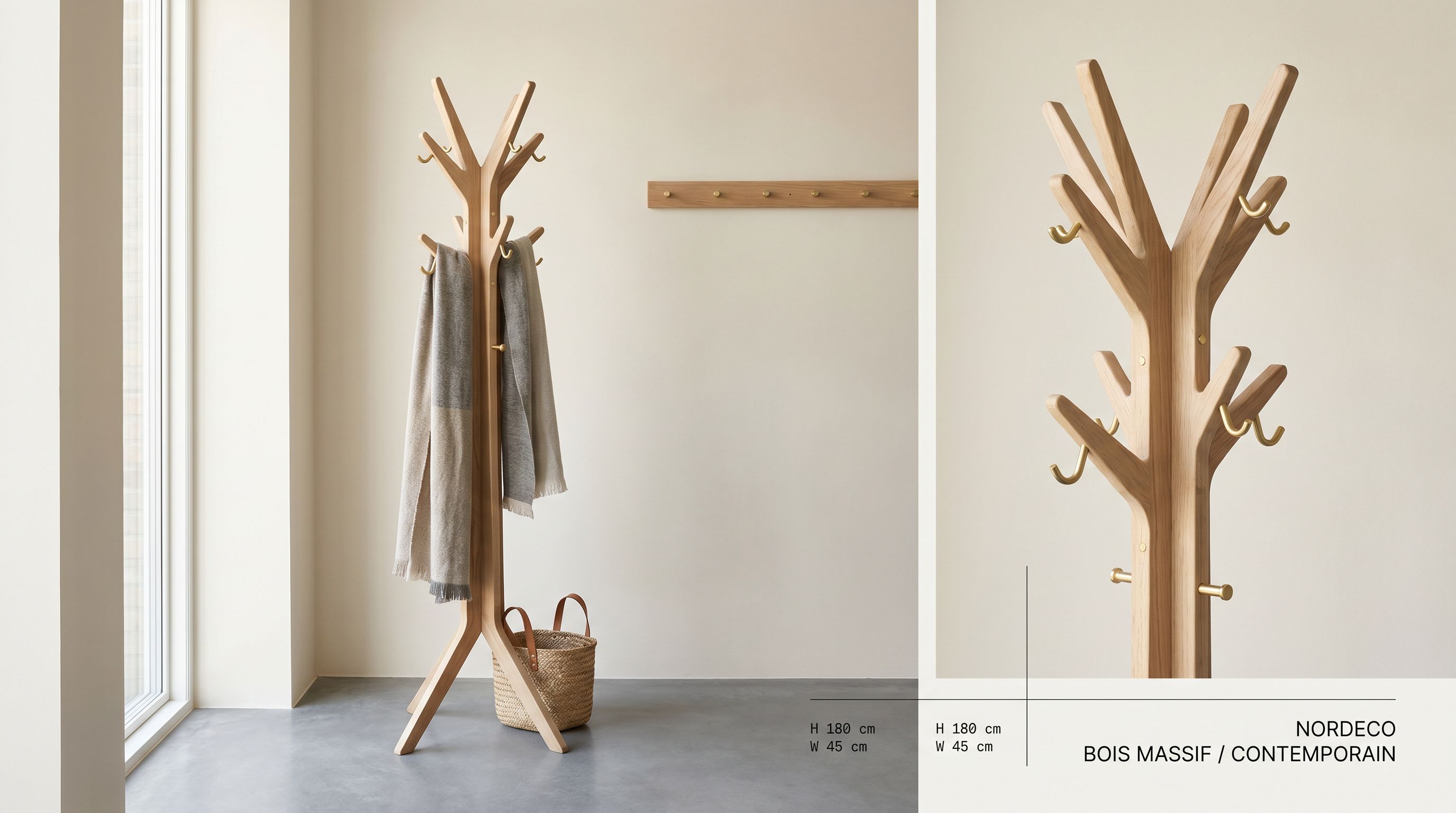 Porte-manteau bois véritable — scène d'entrée moderne
